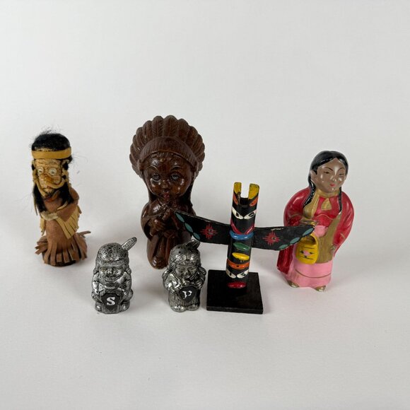 Native American Lot of 6 Vintage Cultural Figurines 5 Figures & totem pole - Picture 2 of 6
